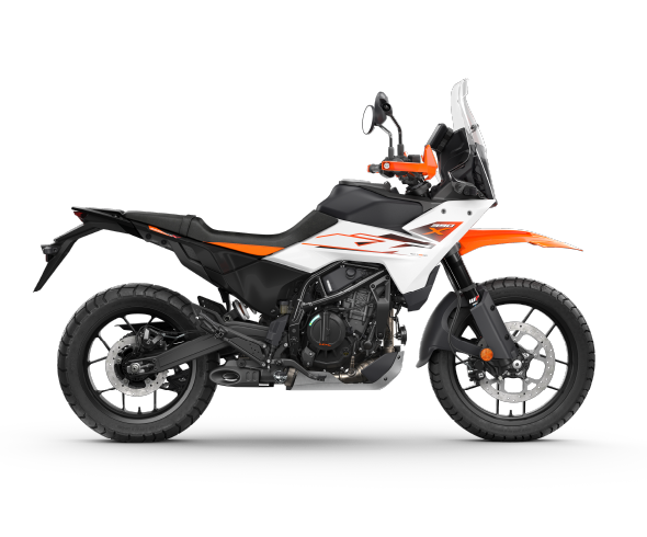 Side profile of 2025 KTM 390 Adventure X in Electronic Orange, showing its sharp design and alloy wheels